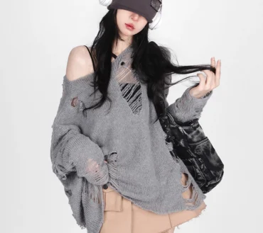 Sweater Sexy Casual Loose Off Shoulder Pullover Female Hole Hollow Out Slash Neck Jumpers