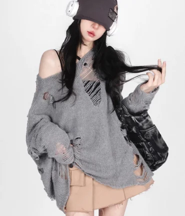 Sweater Sexy Casual Loose Off Shoulder Pullover Female Hole Hollow Out Slash Neck Jumpers