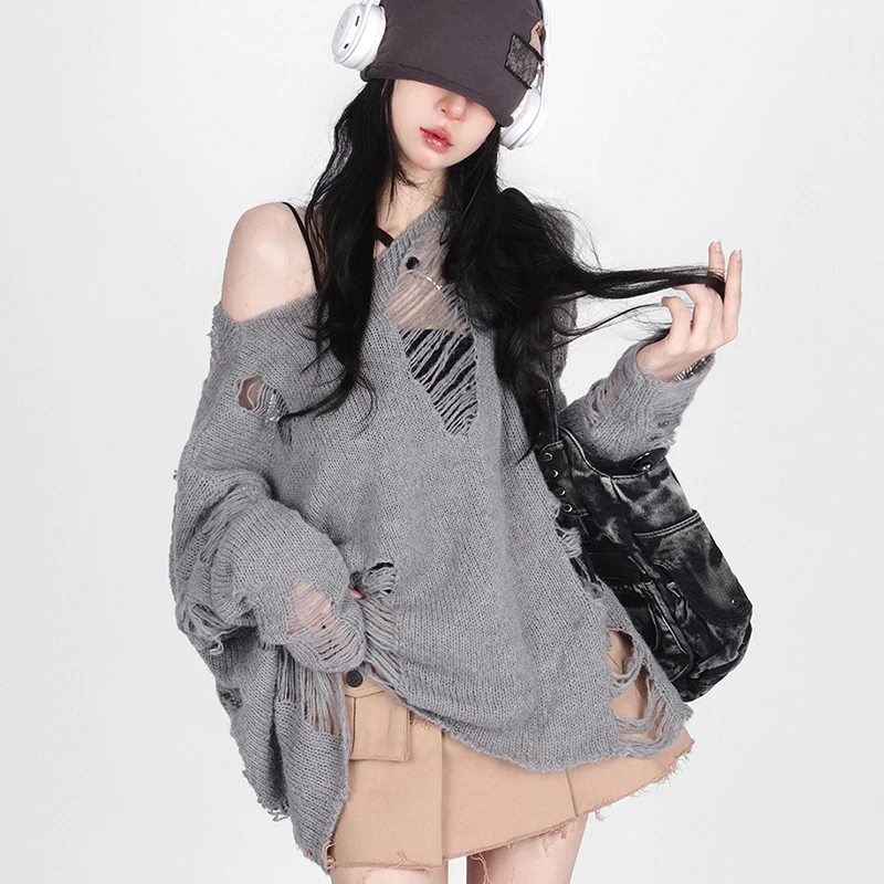 Sweater Sexy Casual Loose Off Shoulder Pullover Female Hole Hollow Out Slash Neck Jumpers