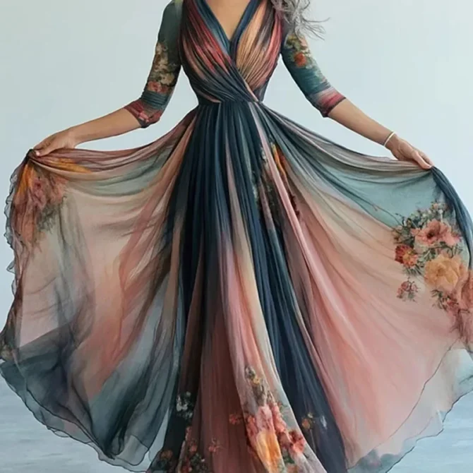 Floral Maxi Dresses Elegant Wrinkles Lady Chic - Image 6