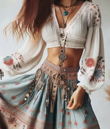 Lantern Sleeves Blouse Floral Pattern V Neck Lace-up Ethnic Style Women Tops Spring Cropped Chic Blouses