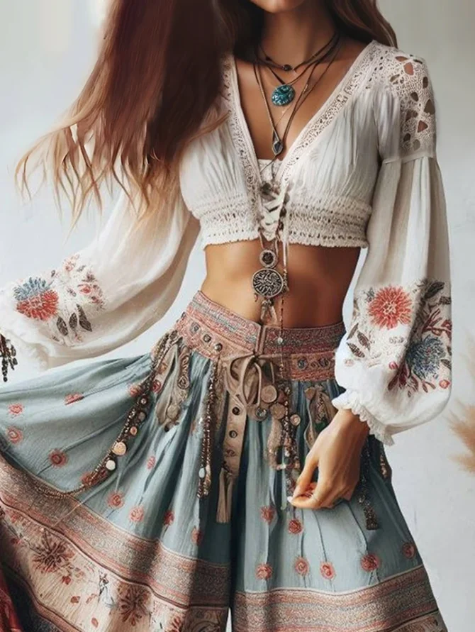 Lantern Sleeves Blouse Floral Pattern V Neck Lace-up Ethnic Style Women Tops Spring Cropped Chic Blouses