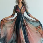 Retro Women V Neck Floral Print A-line Party Maxi Dresses Elegant Stripe Collision Wrinkles Vacation Lady Chic Evening Gown