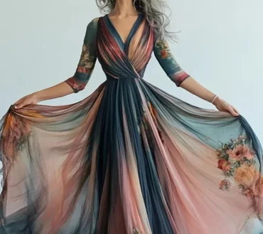 Retro Women V Neck Floral Print A-line Party Maxi Dresses Elegant Stripe Collision Wrinkles Vacation Lady Chic Evening Gown