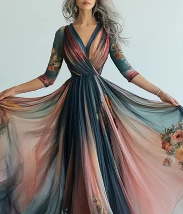 Retro Women V Neck Floral Print A-line Party Maxi Dresses Elegant Stripe Collision Wrinkles Vacation Lady Chic Evening Gown