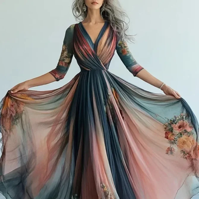 Retro Women V Neck Floral Print A-line Party Maxi Dresses Elegant Stripe Collision Wrinkles Vacation Lady Chic Evening Gown
