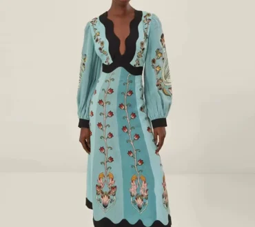 Ethnic Retro Women's Backless Long Sleeved Party Dresses Sexy Deep V Hollow Fashion Flower Print High Waist Casual Long Dress