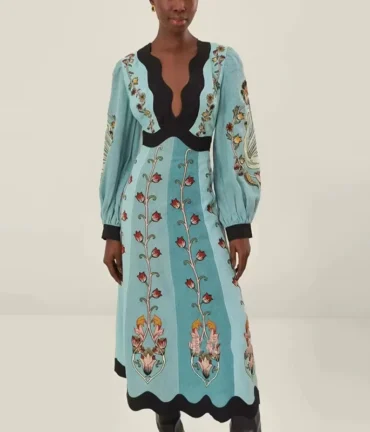 Ethnic Retro Women's Backless Long Sleeved Party Dresses Sexy Deep V Hollow Fashion Flower Print High Waist Casual Long Dress