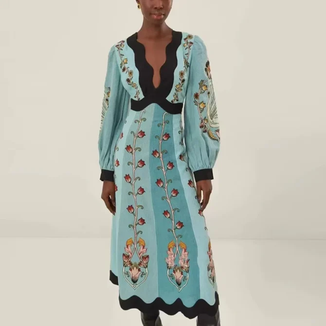 Ethnic Retro Women's Backless Long Sleeved Party Dresses Sexy Deep V Hollow Fashion Flower Print High Waist Casual Long Dress