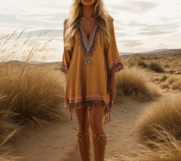 Women's Ethnic Tassel Mini Dress V-Neck Half Sleeve Vintage Cowboy Western Chic Retro Loose Mori Girl Dresses