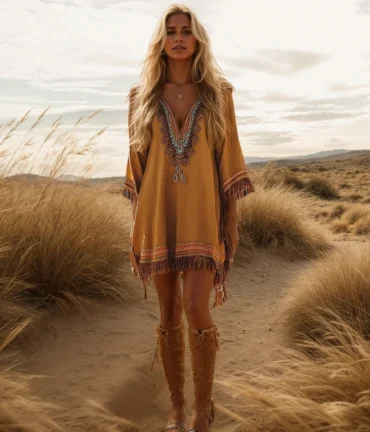 Women's Ethnic Tassel Mini Dress V-Neck Half Sleeve Vintage Cowboy Western Chic Retro Loose Mori Girl Dresses