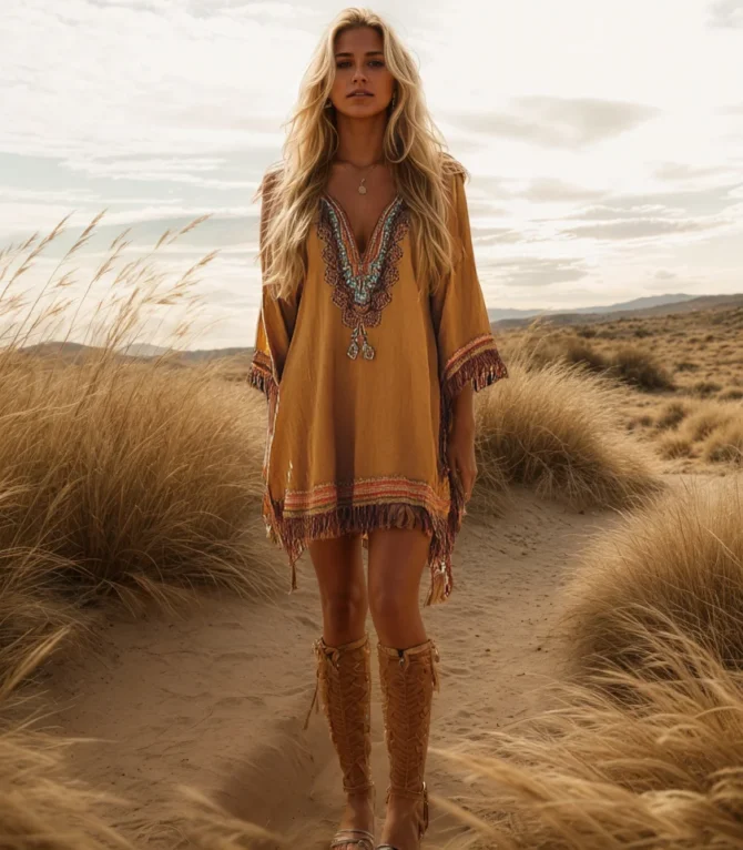Women's Ethnic Tassel Mini Dress V-Neck Half Sleeve Vintage Cowboy Western Chic Retro Loose Mori Girl Dresses