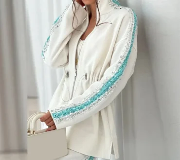 Sequin Zipper Jacket Wide Leg Pants Set Women's Sparkling Casual Contrasting Color Elegant Comfortable 2 piece set
