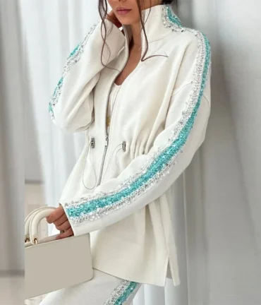 Sequin Zipper Jacket Wide Leg Pants Set Women's Sparkling Casual Contrasting Color Elegant Comfortable 2 piece set