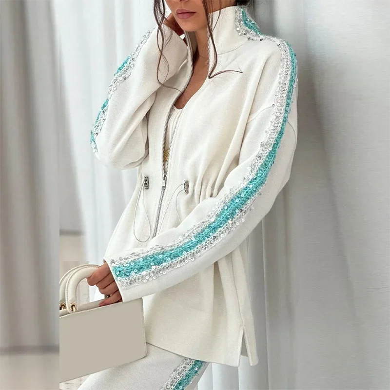 Sequin Zipper Jacket Wide Leg Pants Set Women's Sparkling Casual Contrasting Color Elegant Comfortable 2 piece set