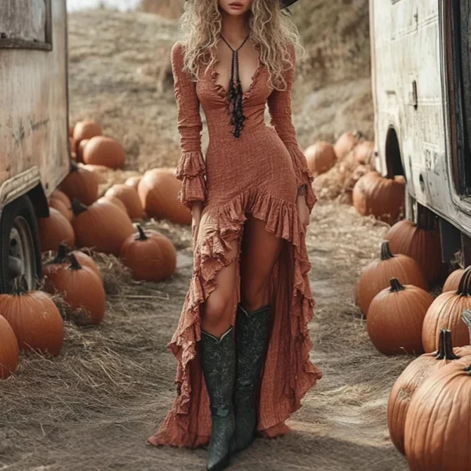 Women Ethnic Retro Solid Ruffle Irregular Dress American Retro Casual V-Neck Flare Sleeve Slim Dresses