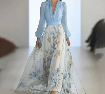 Fashion Floral Print Patchwork Bohemian Dress Woman Sexy Deep V Neck Hollow Long Dresses New Puff Sleeve Loose Maxi Dress