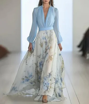 Fashion Floral Print Patchwork Bohemian Dress Woman Sexy Deep V Neck Hollow Long Dresses New Puff Sleeve Loose Maxi Dress