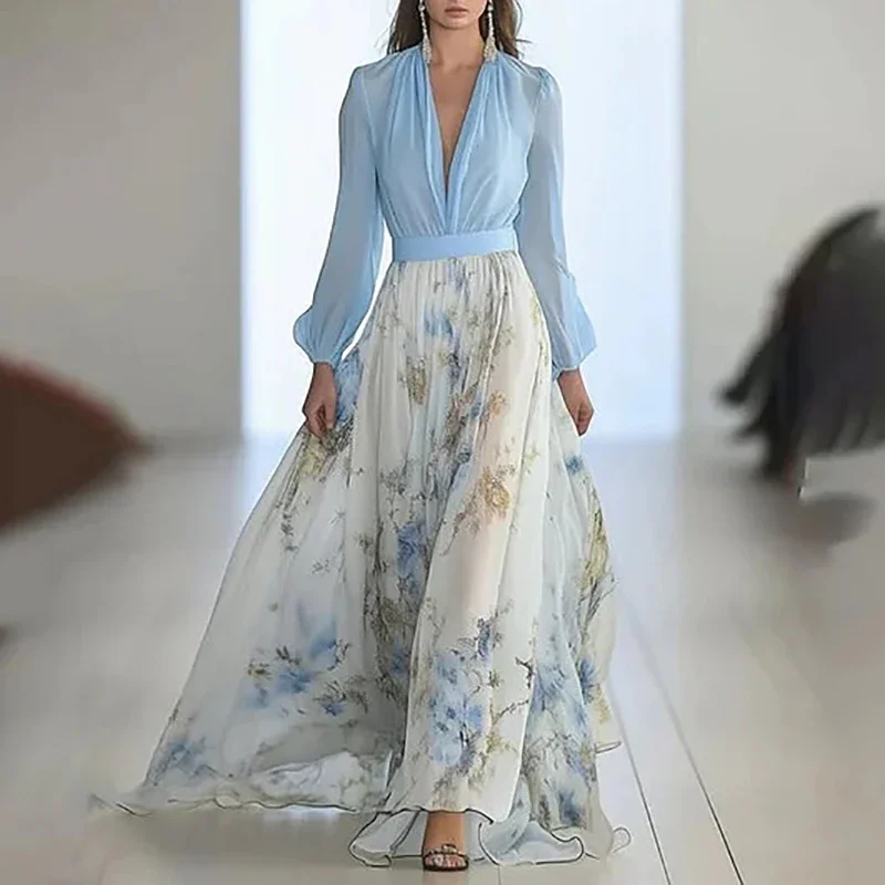 Fashion Floral Print Patchwork Bohemian Dress Woman Sexy Deep V Neck Hollow Long Dresses New Puff Sleeve Loose Maxi Dress