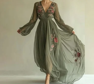 Women's Vintage Floral Print V-neck Party Dresses Ethnic Long Sleeved Bohemian Lady Chic Evening Gown New Women's Clothing