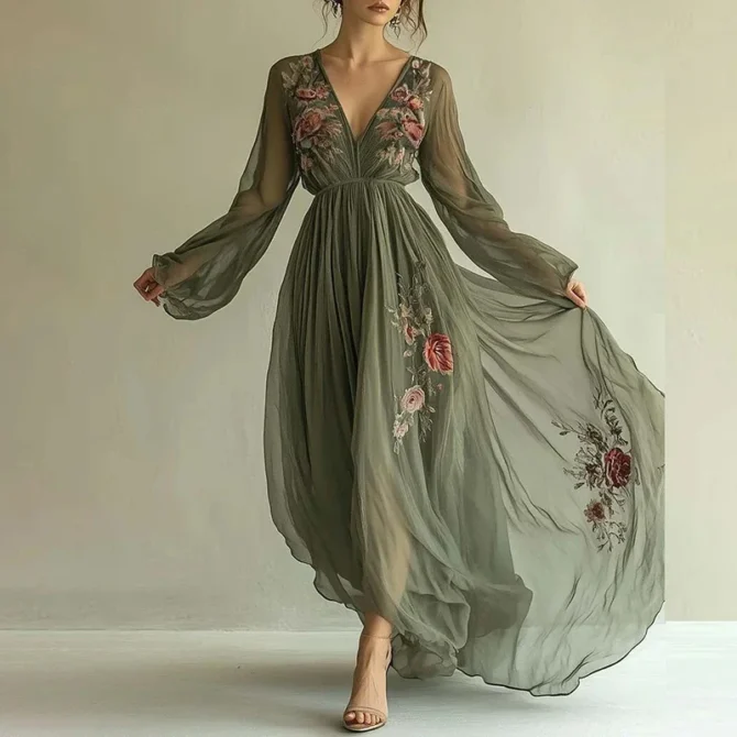 Women's Vintage Floral Print V-neck Party Dresses Ethnic Long Sleeved Bohemian Lady Chic Evening Gown New Women's Clothing