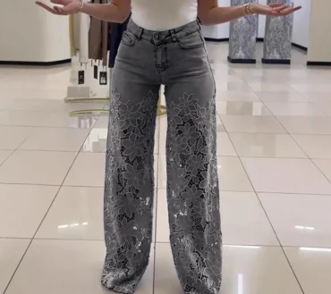 Ladies Sexy Lace Hollowed Out Jeans Retro Solid Color Wide Leg Pant Casual Crochet Spliced High Waist Trousers New