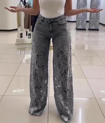 Ladies Sexy Lace Hollowed Out Jeans Retro Solid Color Wide Leg Pant Casual Crochet Spliced High Waist Trousers New