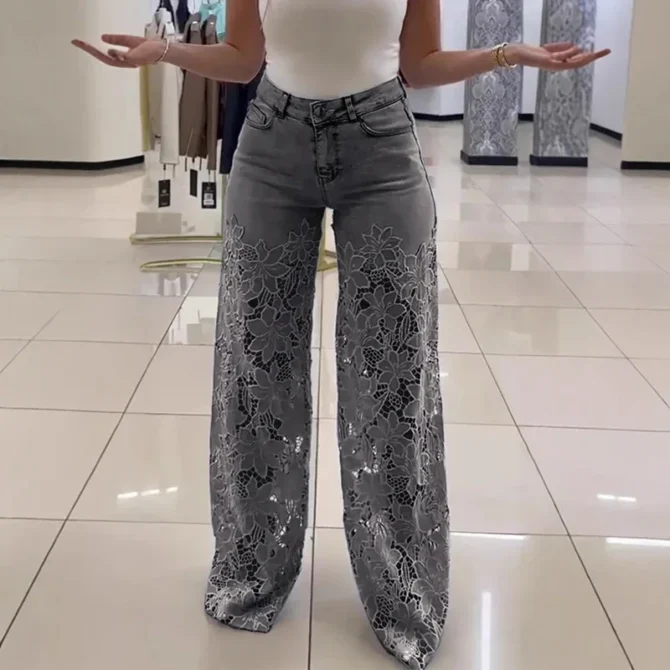 Ladies Sexy Lace Hollowed Out Jeans Retro Solid Color Wide Leg Pant Casual Crochet Spliced High Waist Trousers New