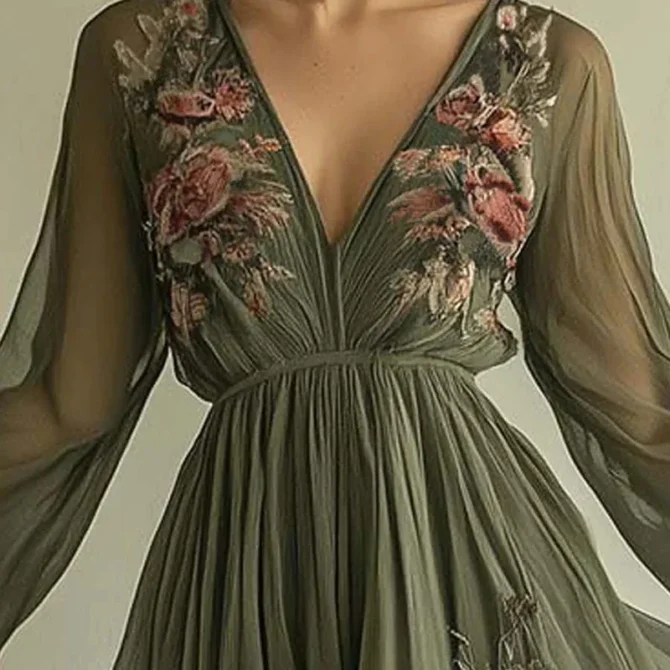 Vintage Floral Ethnic Lady Chic Evening Gown - Image 5