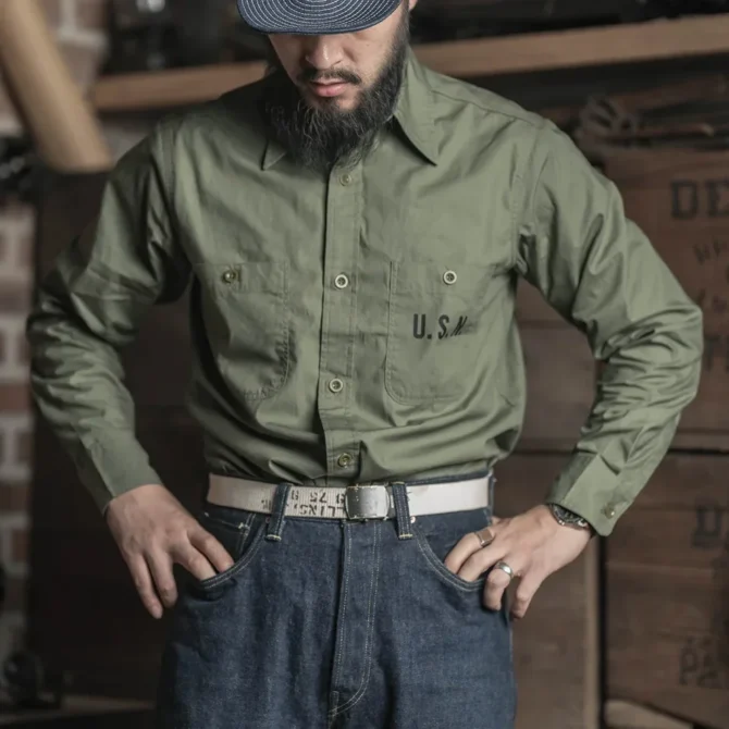 Rugged Bronson USN N-3 Utility Shirt Vintage Mens Long Sleeve Workshirt Olive Drab