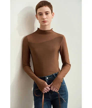 Minimalism Mesh T-shirts For Women New Office Lady Half-high Neck Micro Perspective Slim Retro Shirt