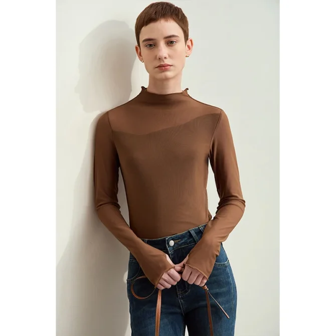 Minimalism Mesh T-shirts For Women New Office Lady Half-high Neck Micro Perspective Slim Retro Shirt