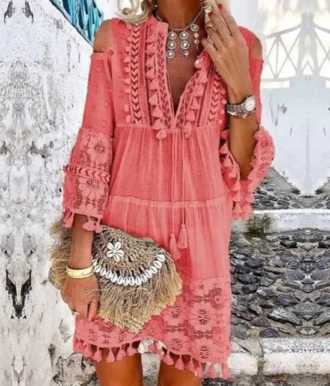 Embroidery Crochet Tassel Ruffle Mini Dress