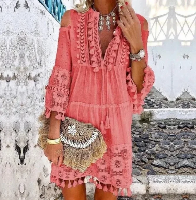 Embroidery Crochet Tassel Ruffle Mini Dress - Image 6