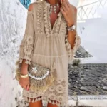 Embroidery Crochet Lace Dress Women Elegant Off Shoulder Tassel Ruffle Mini Dress V Neck Lady Beach Dress