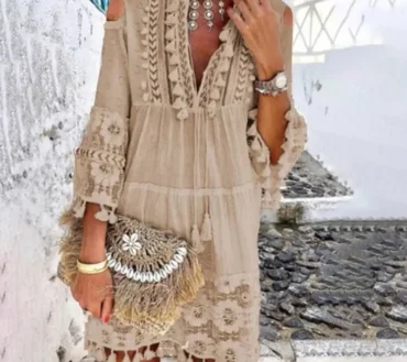 Embroidery Crochet Lace Dress Women Elegant Off Shoulder Tassel Ruffle Mini Dress V Neck Lady Beach Dress
