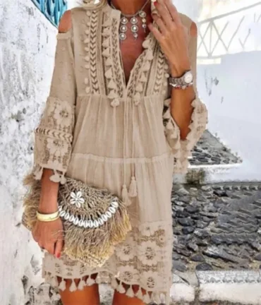 Embroidery Crochet Lace Dress Women Elegant Off Shoulder Tassel Ruffle Mini Dress V Neck Lady Beach Dress