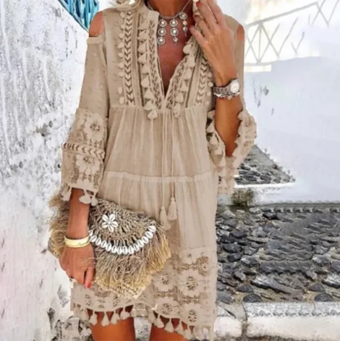 Embroidery Crochet Lace Dress Women Elegant Off Shoulder Tassel Ruffle Mini Dress V Neck Lady Beach Dress
