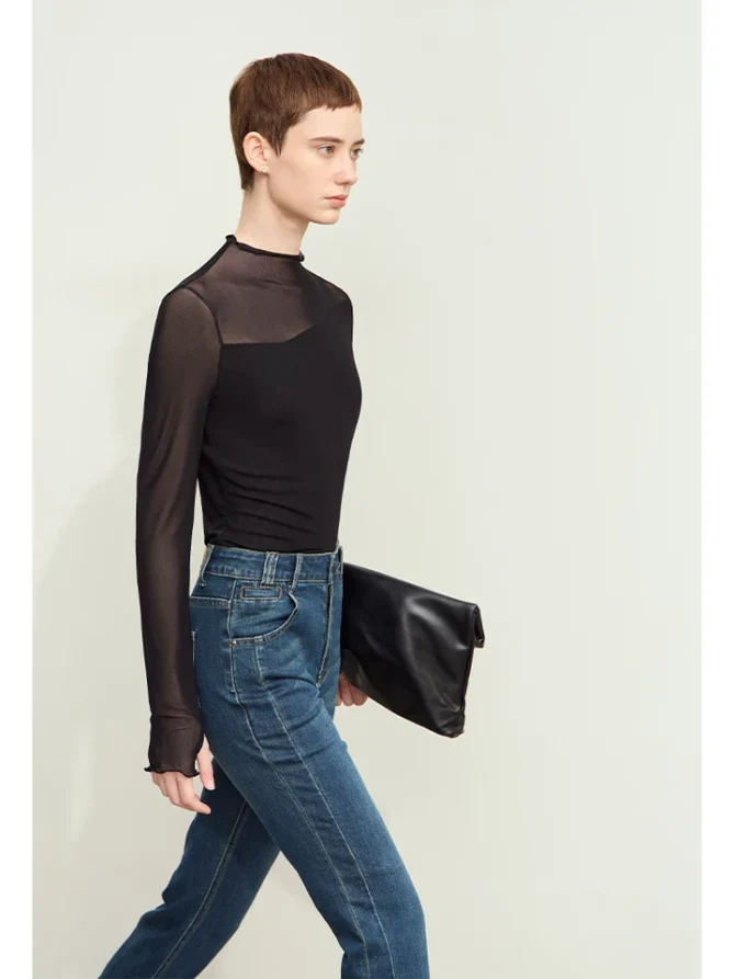 Minimalism Mesh T-shirts For Women New Office Lady Half-high Neck Micro Perspective Slim Retro Shirt