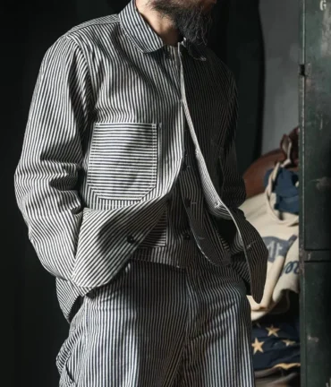 Rugged Bronson Hickory Stripe Railroad Jacket Vintage Style Men Denim Chore Coat