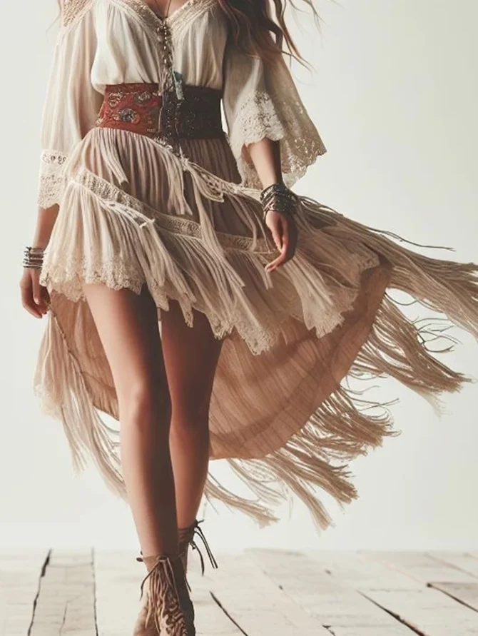 Cold Shoulder Fringe Ethnic Chic Midi Dress - Image 2