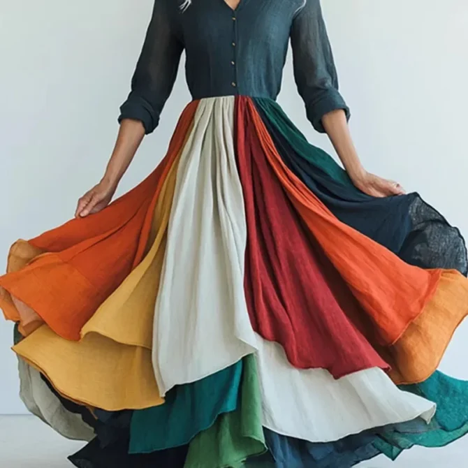 Floral Maxi Dresses Elegant Wrinkles Lady Chic - Image 2
