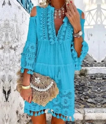 Embroidery Crochet Tassel Ruffle Mini Dress