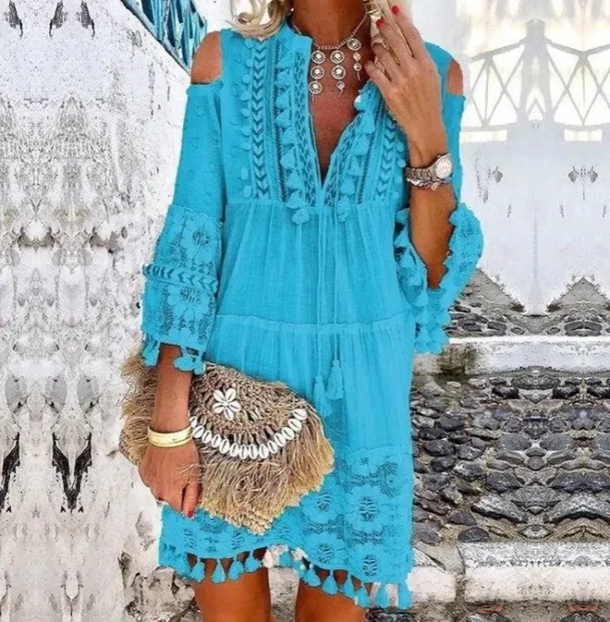 Embroidery Crochet Tassel Ruffle Mini Dress - Image 5