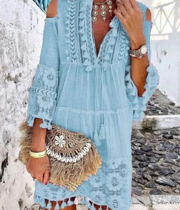 Embroidery Crochet Tassel Ruffle Mini Dress