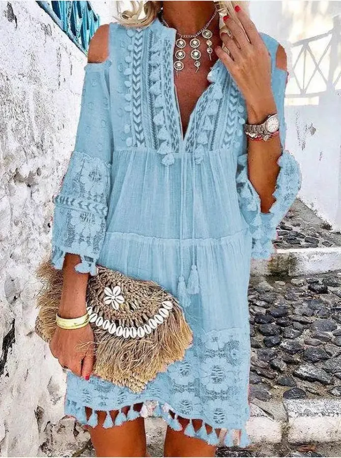 Embroidery Crochet Tassel Ruffle Mini Dress - Image 4