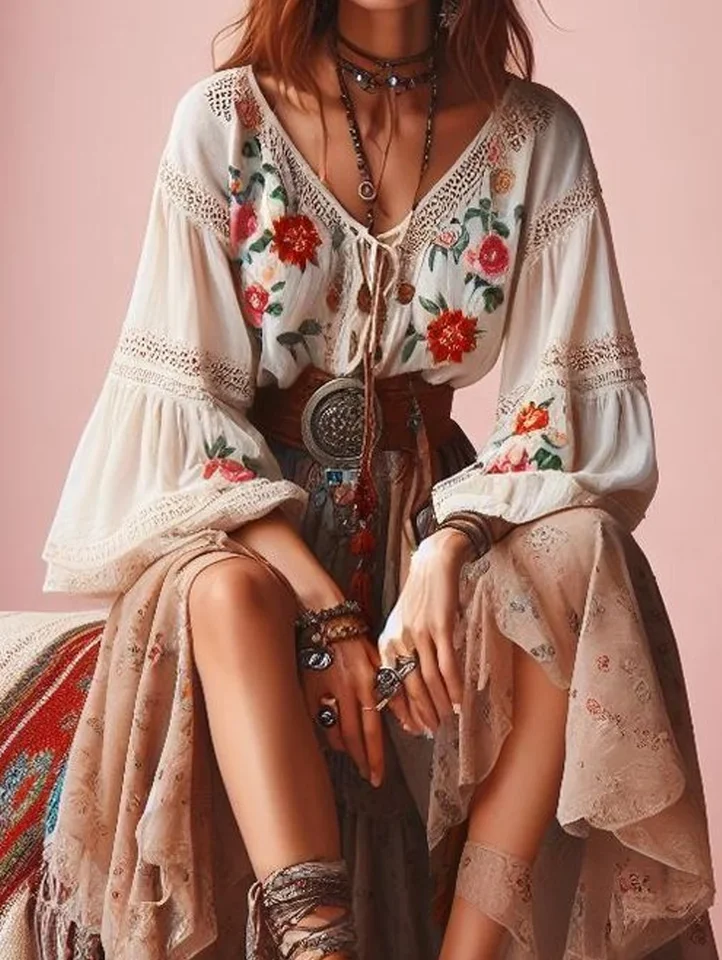 Women Floral Printed Blouse Shirt Lantern Sleeve Bandage V-Neck Soft Casual Ethnic Indie Folk Retro Long Sleeve Tops