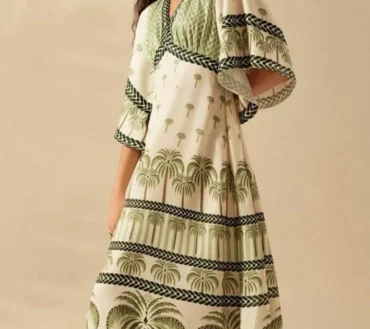Vintage Deep V Coconut Tree Print Lady Chic Evening Gown Woman Flare Sleeve Temperament Commute Holiday A-line Maxi Dress