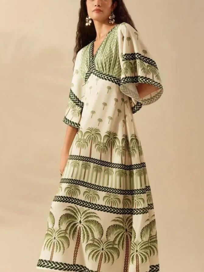 Vintage Deep V Coconut Tree Print Lady Chic Evening Gown Woman Flare Sleeve Temperament Commute Holiday A-line Maxi Dress