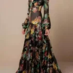 Women's Lantern Sleeve Retro Dress Long Sleeve Floral Printing Slim Stand Collar Elegant Shirring Vintage Button Dress